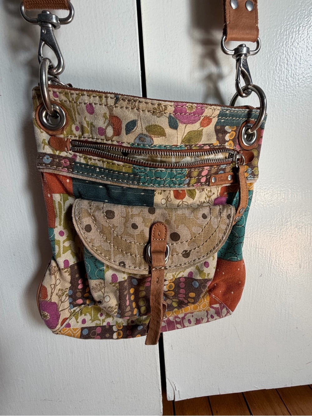 Fossil Floral Patchwork Canvas Crossbody in Multicolor with Leather Trim